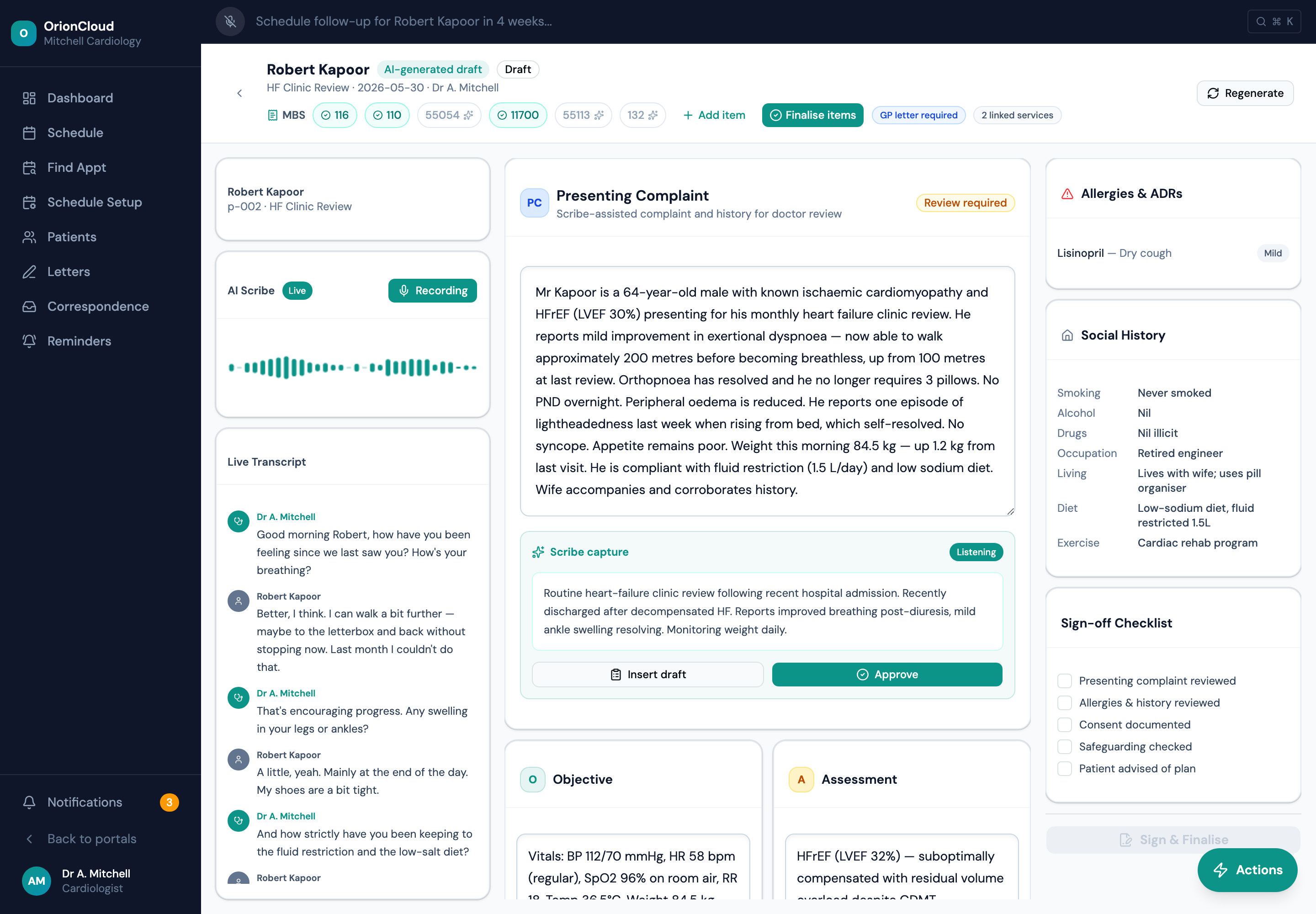 OrionCloud encounter workspace showing reviewable clinical documentation and prepared actions