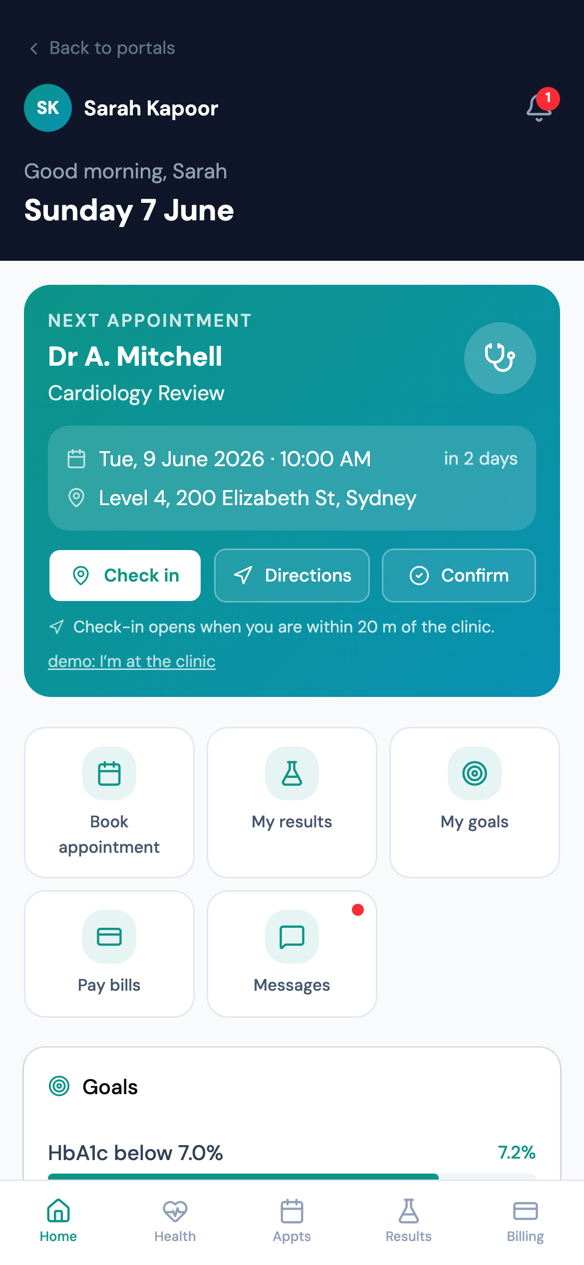 OrionCloud patient portal showing an appointment, check-in and health actions