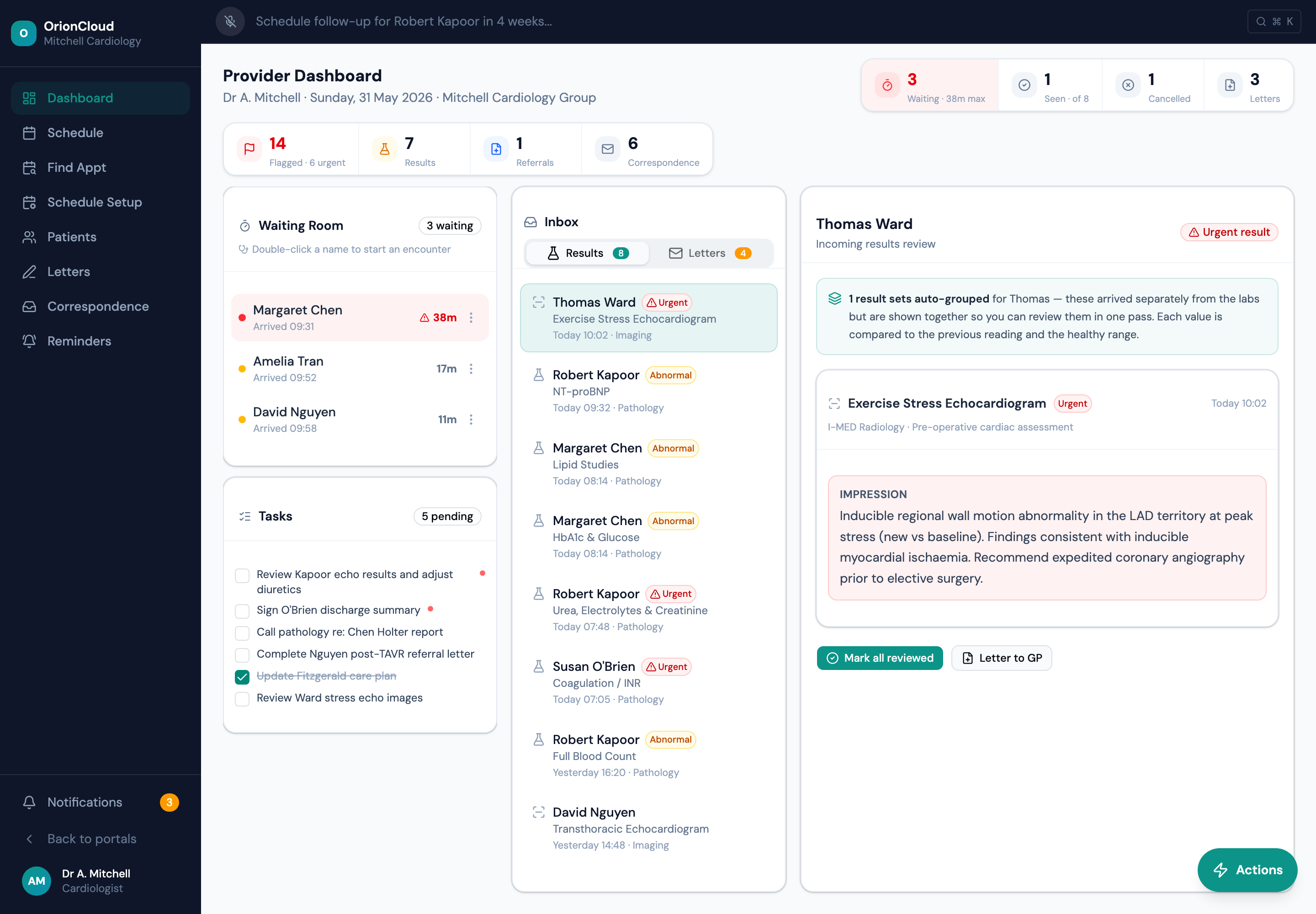 OrionCloud provider dashboard with waiting room, inbox, urgent results and staff actions